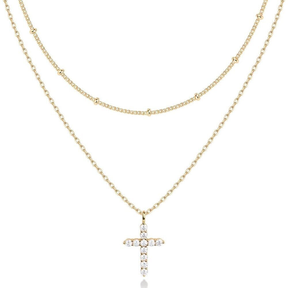 14K Gold Plated Layered Necklace Women Cross Pendant Hypoallergenic Jewelry
